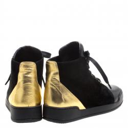 Pre Owned Balmain Gold Metallic Leather And Black Suede High Top Sneakers Size 37
