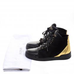 Pre Owned Balmain Gold Metallic Leather And Black Suede High Top Sneakers Size 37