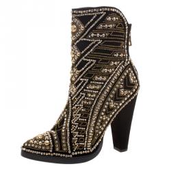 Balmain Black Crystal Embellished Suede Pointed Toe Ankle Boots Size 40
