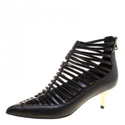 Pre Owned Balmain Black Strappy Leather Pointed Toe Ankle Booties Size 39