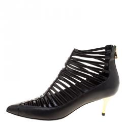 Pre Owned Balmain Black Strappy Leather Pointed Toe Ankle Booties Size 39