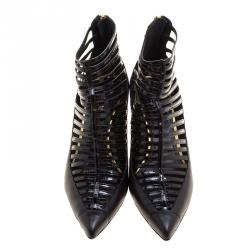 Pre Owned Balmain Black Strappy Leather Pointed Toe Ankle Booties Size 39