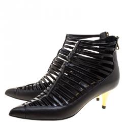 Pre Owned Balmain Black Strappy Leather Pointed Toe Ankle Booties Size 39