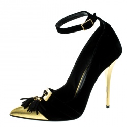 Pre Owned Balmain Black Velvet and Metallic Gold Leather Lena Tassel Ankle Strap Pumps Size 39