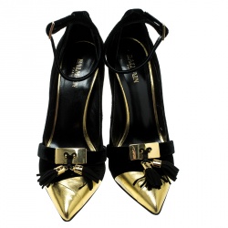 Pre Owned Balmain Black Velvet and Metallic Gold Leather Lena Tassel Ankle Strap Pumps Size 39
