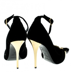 Pre Owned Balmain Black Velvet and Metallic Gold Leather Lena Tassel Ankle Strap Pumps Size 39