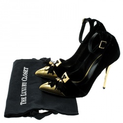 Pre Owned Balmain Black Velvet and Metallic Gold Leather Lena Tassel Ankle Strap Pumps Size 39