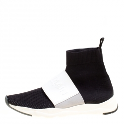 Pre Owned Balmain Black Stretch Knit And Mesh Cameron Embossed Logo High Top Sneakers Size 39.5