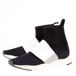 Pre Owned Balmain Black Stretch Knit And Mesh Cameron Embossed Logo High Top Sneakers Size 39.5