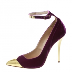 Pre Owned Balmain Purple Velvet And Metallic Gold Leather Ankle Strap Pointed Toe Pumps Size 40