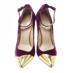 Pre Owned Balmain Purple Velvet And Metallic Gold Leather Ankle Strap Pointed Toe Pumps Size 40