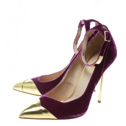 Pre Owned Balmain Purple Velvet And Metallic Gold Leather Ankle Strap Pointed Toe Pumps Size 40