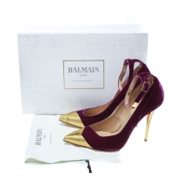 Pre Owned Balmain Purple Velvet And Metallic Gold Leather Ankle Strap Pointed Toe Pumps Size 40