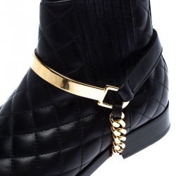 Pre Owned Balmain Black Quilted Leather Chain Embellished Ankle Boots Size 36