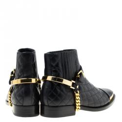 Pre Owned Balmain Black Quilted Leather Chain Embellished Ankle Boots Size 36