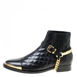 Pre Owned Balmain Black Quilted Leather Chain Embellished Ankle Boots Size 36