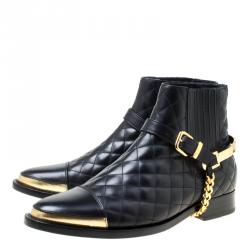 Pre Owned Balmain Black Quilted Leather Chain Embellished Ankle Boots Size 36