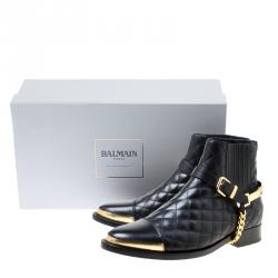 Pre Owned Balmain Black Quilted Leather Chain Embellished Ankle Boots Size 36