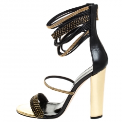 Pre Owned Balmain Black/Gold Leather Chain Link Open Toe Sandals Size 39.5
