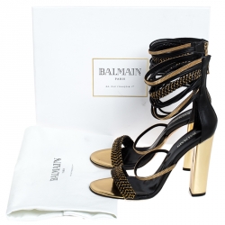 Pre Owned Balmain Black/Gold Leather Chain Link Open Toe Sandals Size 39.5