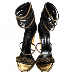 Pre Owned Balmain Black/Gold Leather Chain Link Open Toe Sandals Size 39.5