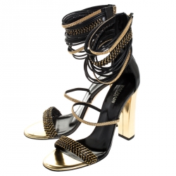 Pre Owned Balmain Black/Gold Leather Chain Link Open Toe Sandals Size 39.5