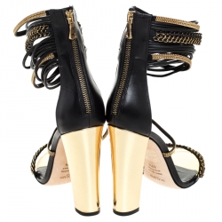 Pre Owned Balmain Black/Gold Leather Chain Link Open Toe Sandals Size 39.5