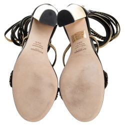 Pre Owned Balmain Black/Gold Leather Chain Link Open Toe Sandals Size 39.5