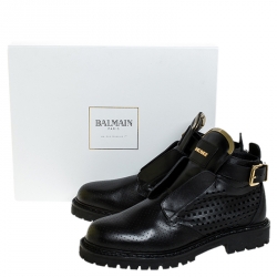Pre Owned Balmain Black Perforated Leather Buckle Ankle Boots Size 41