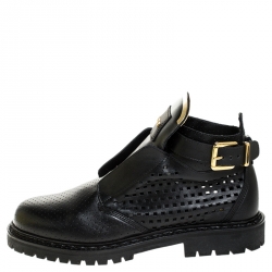 Pre Owned Balmain Black Perforated Leather Buckle Ankle Boots Size 41