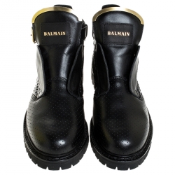 Pre Owned Balmain Black Perforated Leather Buckle Ankle Boots Size 41