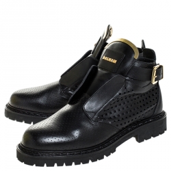 Pre Owned Balmain Black Perforated Leather Buckle Ankle Boots Size 41