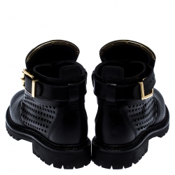 Pre Owned Balmain Black Perforated Leather Buckle Ankle Boots Size 36