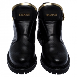 Pre Owned Balmain Black Perforated Leather Buckle Ankle Boots Size 36