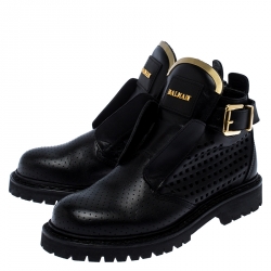 Pre Owned Balmain Black Perforated Leather Buckle Ankle Boots Size 36