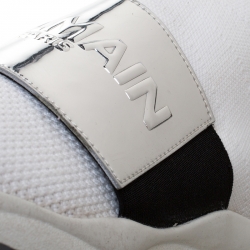 Pre Owned Balmain White/Black Stretch Knit And Leather Cameron Embossed Logo High Top Sneakers Size 37