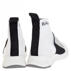 Pre Owned Balmain White/Black Stretch Knit And Leather Cameron Embossed Logo High Top Sneakers Size 37