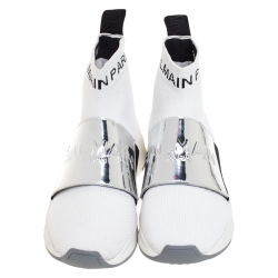 Pre Owned Balmain White/Black Stretch Knit And Leather Cameron Embossed Logo High Top Sneakers Size 37