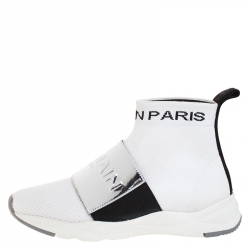 Pre Owned Balmain White/Black Stretch Knit And Leather Cameron Embossed Logo High Top Sneakers Size 37