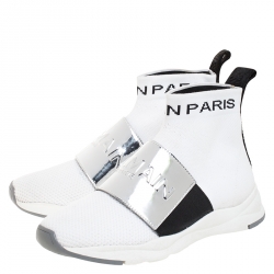 Pre Owned Balmain White/Black Stretch Knit And Leather Cameron Embossed Logo High Top Sneakers Size 37