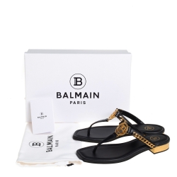 Pre Owned Balmain Black Leather Chain Embellished Thong Sandals Size 38
