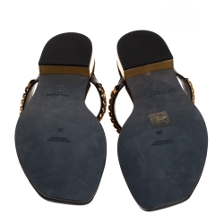Pre Owned Balmain Black Leather Chain Embellished Thong Sandals Size 38
