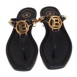 Pre Owned Balmain Black Leather Chain Embellished Thong Sandals Size 38
