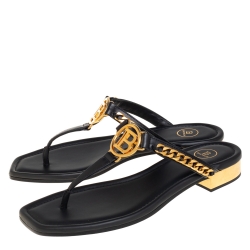 Pre Owned Balmain Black Leather Chain Embellished Thong Sandals Size 38