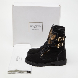 Pre Owned Balmain Black Suede Eagle Ranger Combat Ankle Boots Size 40