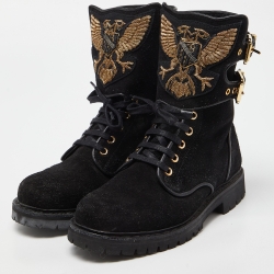 Pre Owned Balmain Black Suede Eagle Ranger Combat Ankle Boots Size 40