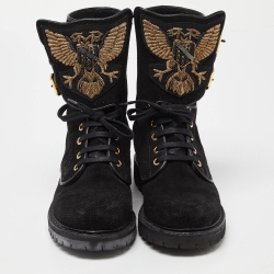 Pre Owned Balmain Black Suede Eagle Ranger Combat Ankle Boots Size 40