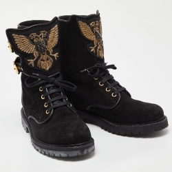 Pre Owned Balmain Black Suede Eagle Ranger Combat Ankle Boots Size 40