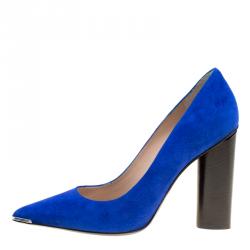 Barbara Bui Blue Suede Metal Pointed Toe Block Heel Pumps Size 38
