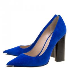 Barbara Bui Blue Suede Metal Pointed Toe Block Heel Pumps Size 38